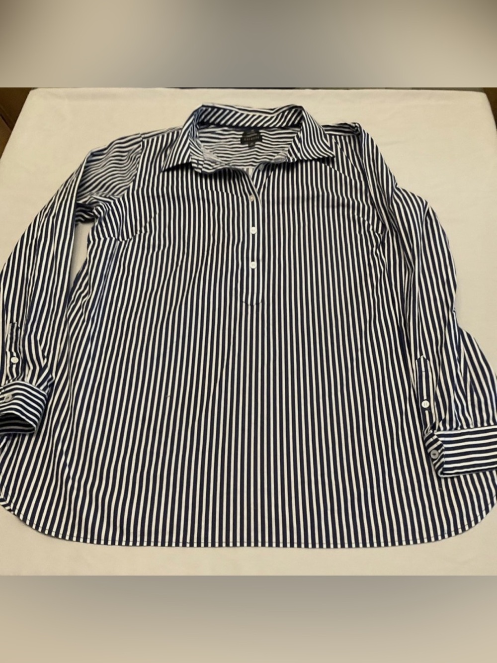 Talbots Blue White Stripe Half Button Size 14 Classic Tailored Tunic